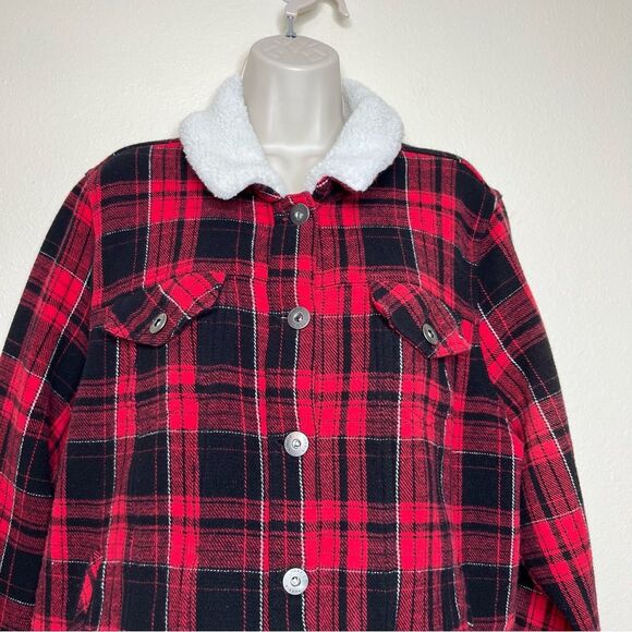 Torrid Sherpa Lined Red Plaid Trucker Jacket Shacket Buttons Cotton Women 2X - Picture 4 of 14